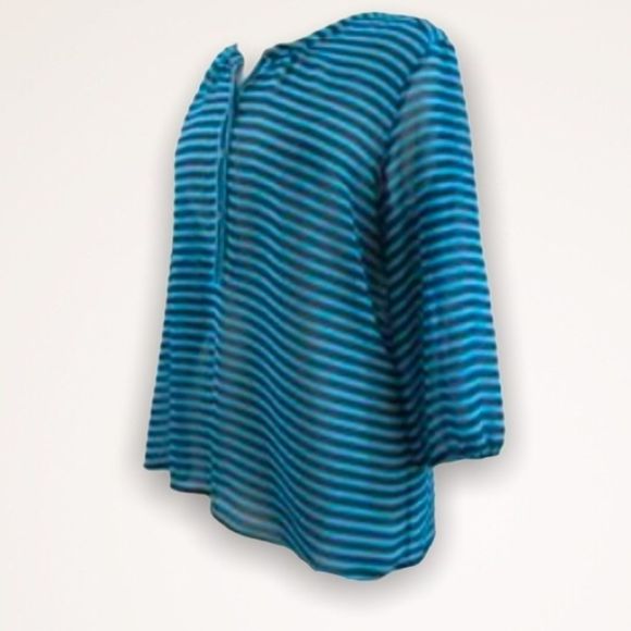 LOFT Teal & Navy Striped Half Button Sheer Blouse - Picture 1 of 6